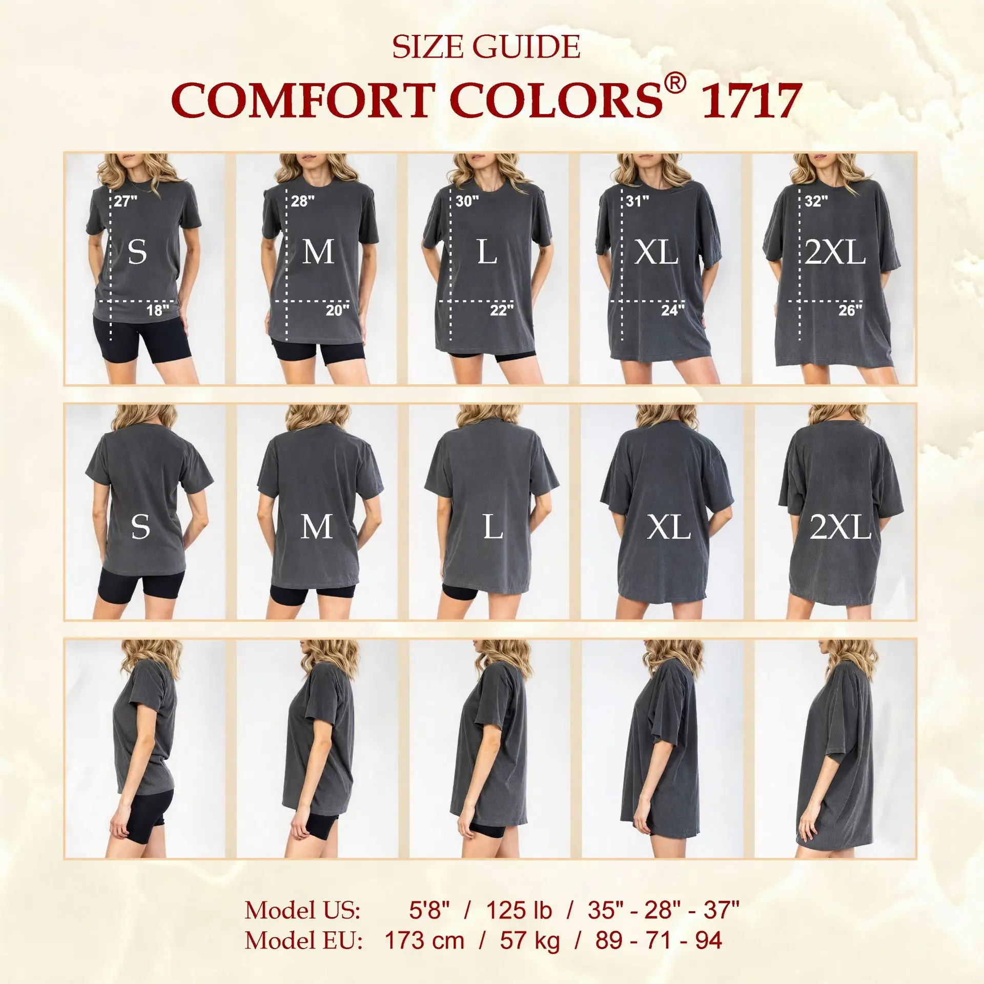 Comfort Colors 1717 size guide t-shirt S to 2XL fit comparison front back side