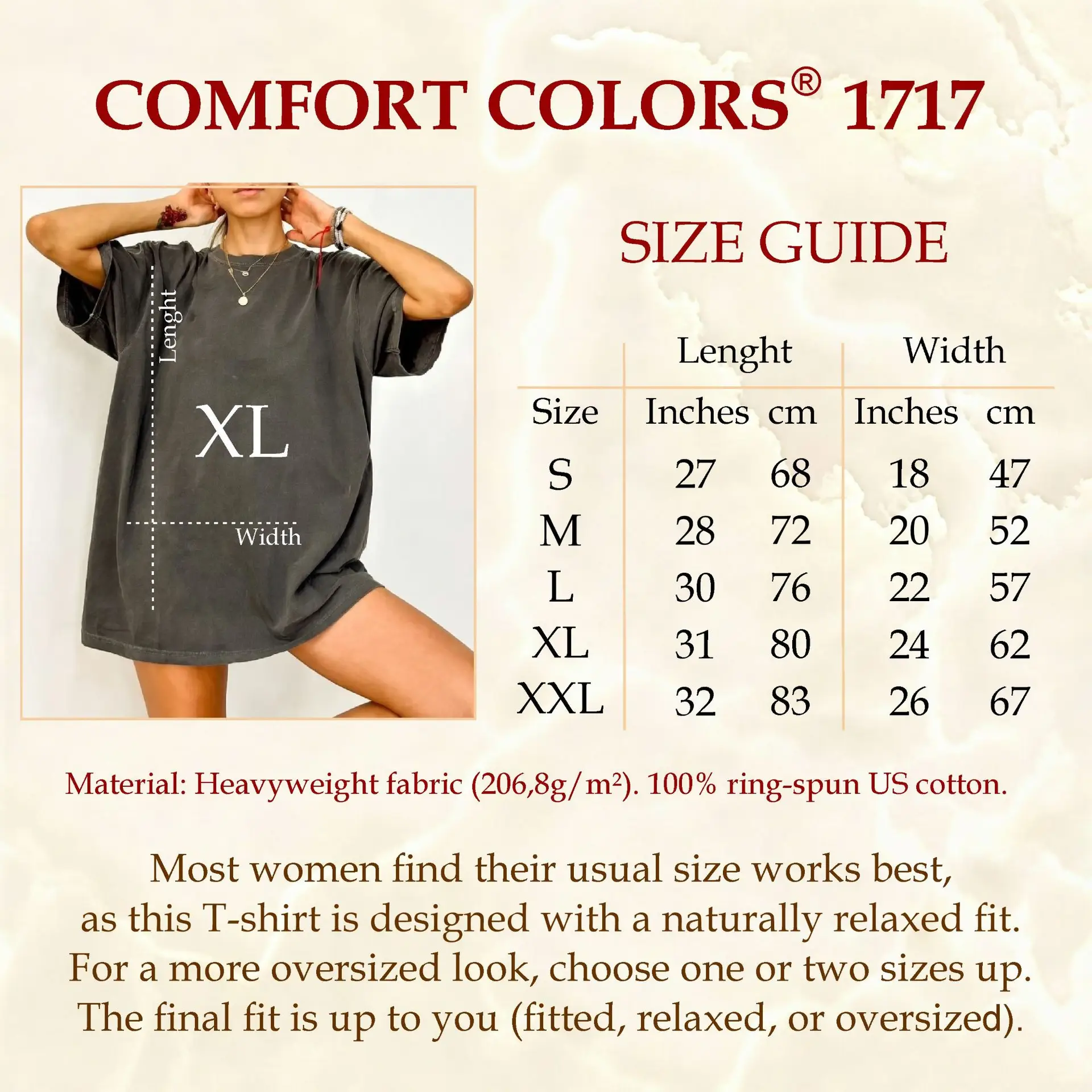 Comfort Colors 1717 t-shirt size chart measurements S to 2XL width and length cm and inches
