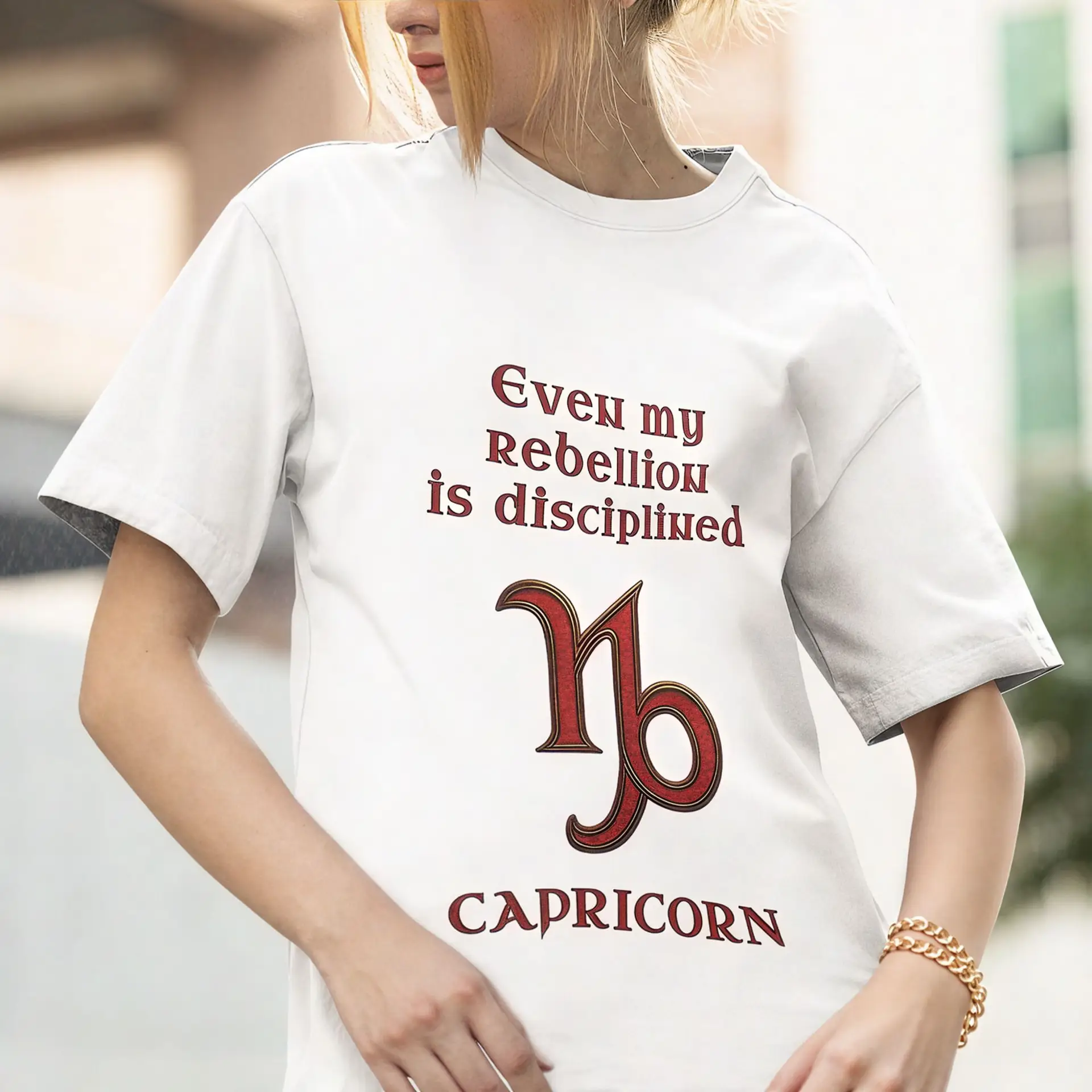Capricorn Zodiac T-Shirt white unisex worn by woman
