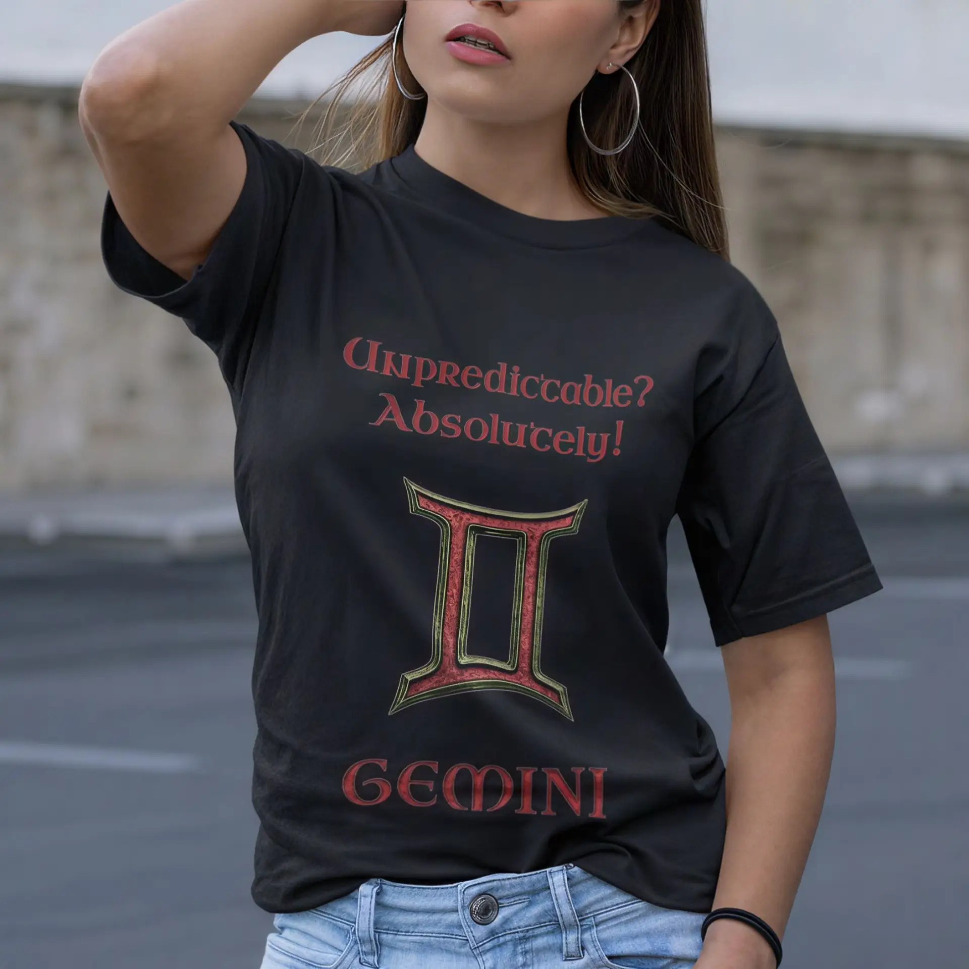 Gemini Zodiac T-Shirt black unisex worn by woman