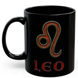 Leo Zodiac 11oz ceramic coffee mug black front