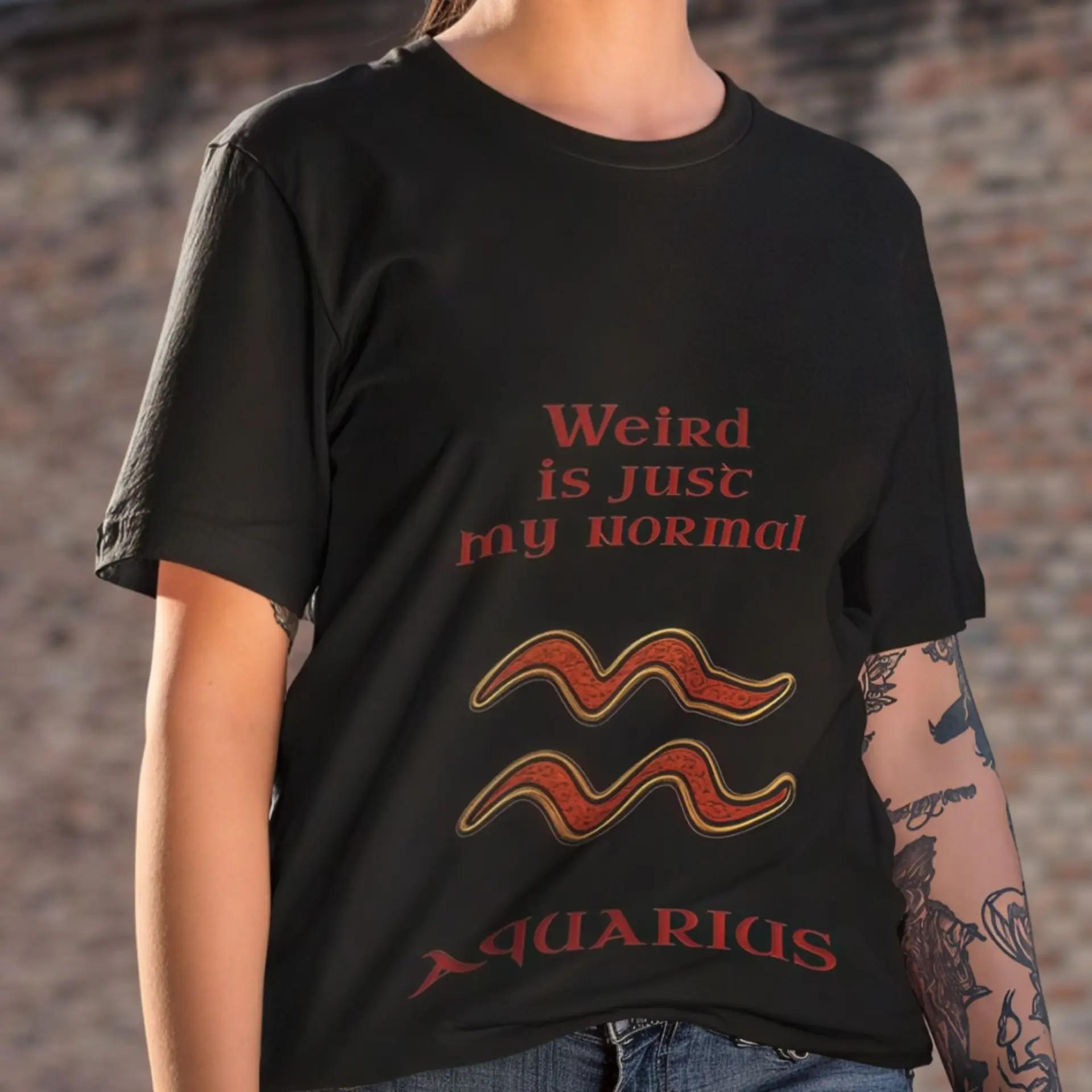 Aquarius Zodiac T-Shirt black unisex worn by woman