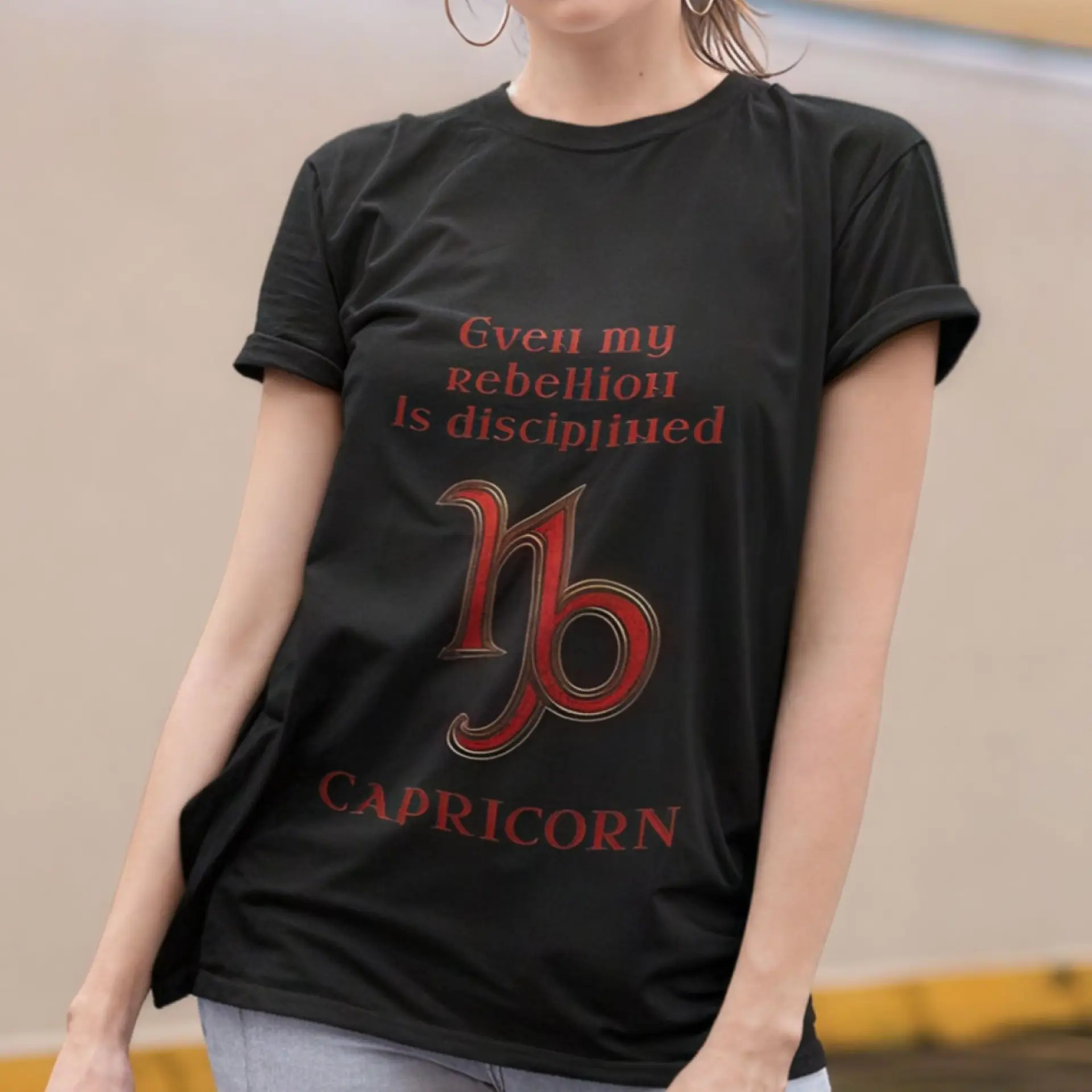 Capricorn Zodiac T-Shirt black unisex worn by woman