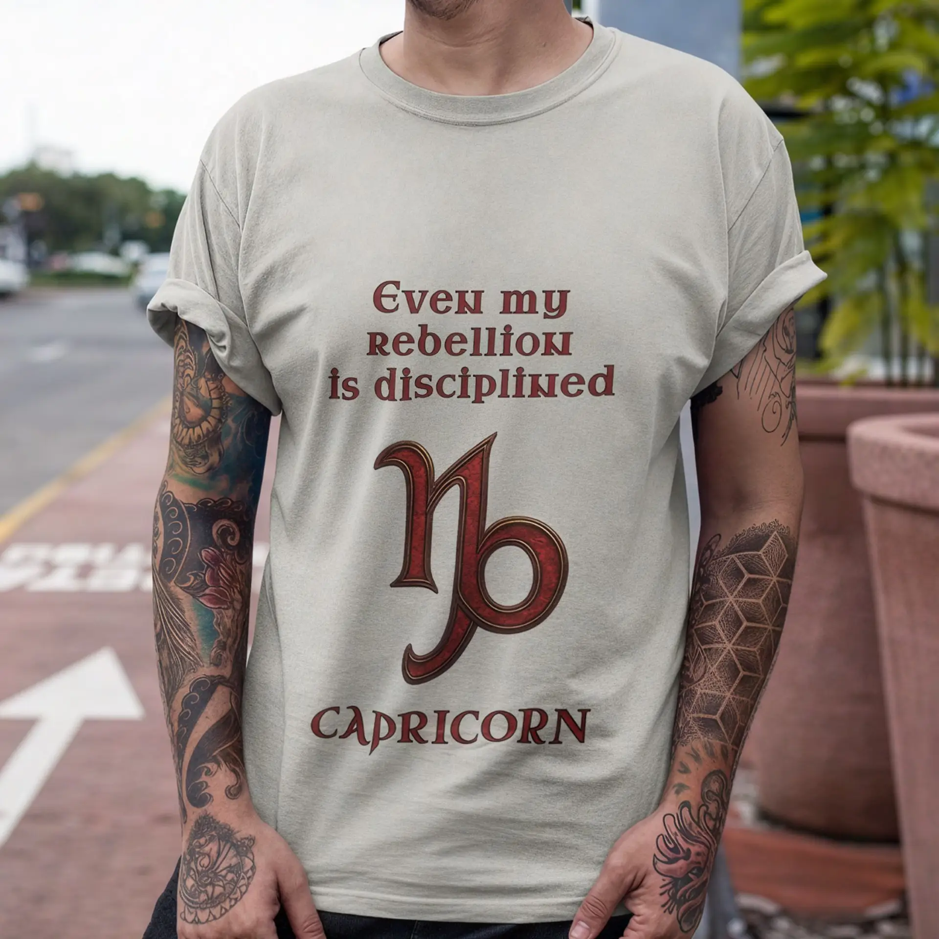 Capricorn Zodiac T-Shirt granite unisex worn by man